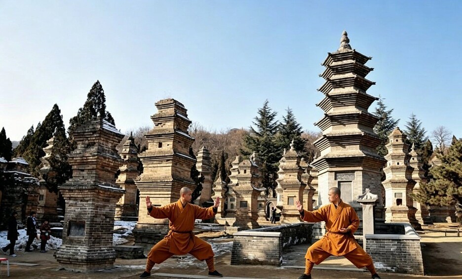 Two individuals practicing martial arts in a temple complex with pagodas. 3