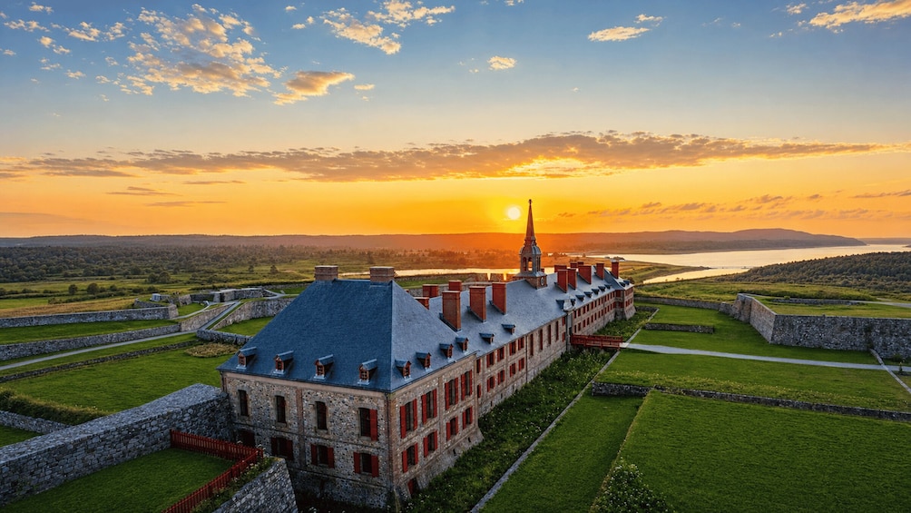 A historic building with a prominent tower, surrounded by well-maintained lawns and stone walls. 1