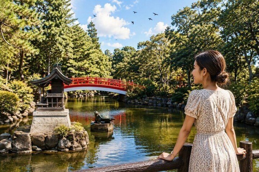 Una mujer de pie junto a un estanque, con un puente rojo y una pagoda al fondo. 5