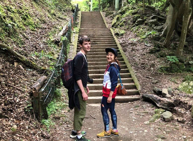 A forested area with a stone staircase leading up. 2