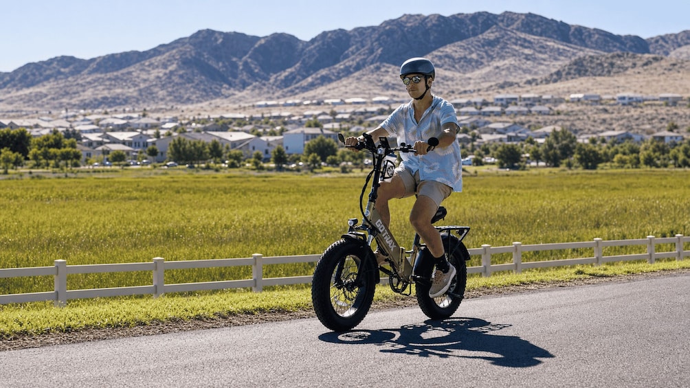 A person riding a stationary bike on a road with a white fence, green field, and mountains in the background. 1
