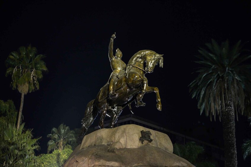 A bronze equestrian statue on a pedestal, surrounded by palm trees. 2