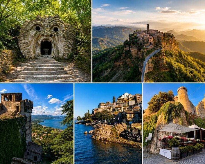 A stone entrance, a castle on a hill, a coastal town, and a castle by a river. 1