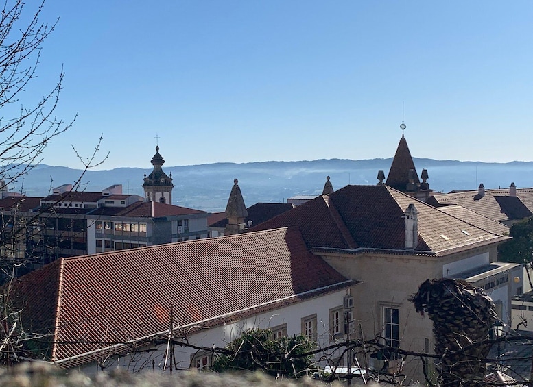 A cityscape with red-roofed buildings, a prominent church tower, and a clear view of distant mountains. 2