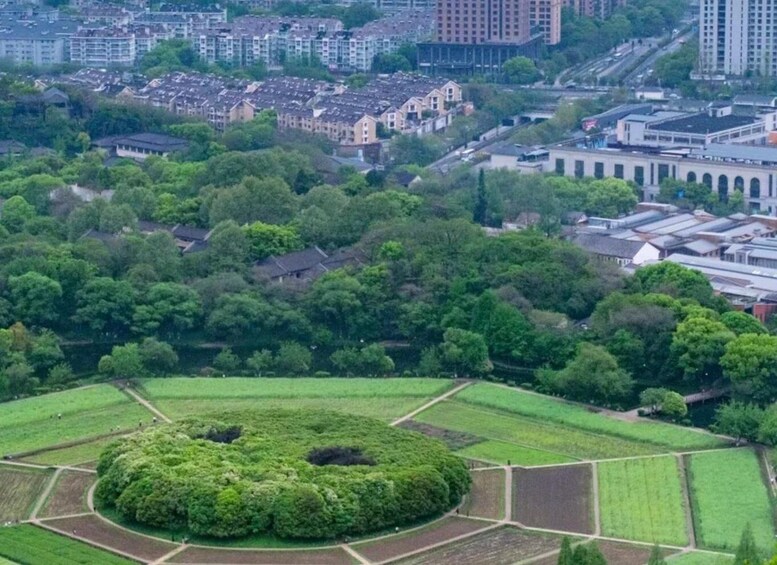An aerial view of a city with dense greenery, residential buildings, and a circular park. 2
