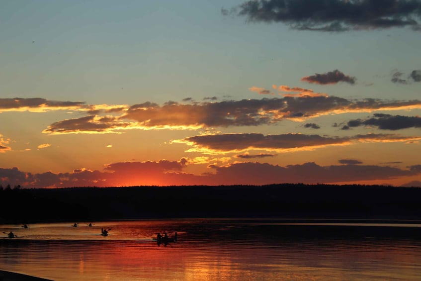 A sunset over a lake with silhouettes of people kayaking. 1