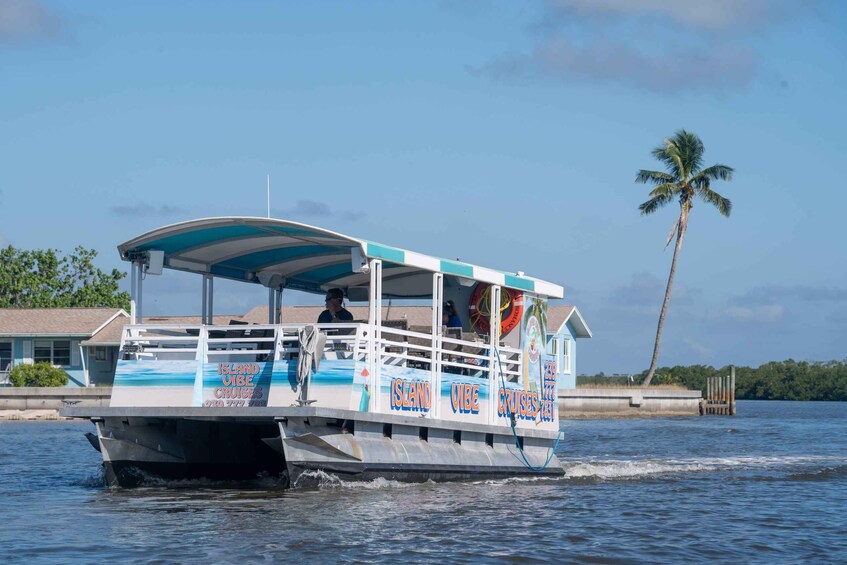 A boat with 'Island Vibe Cruises' branding, moving on water with a palm tree and a house in the background. 3