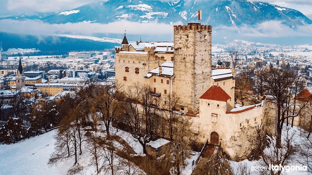 A historic castle with a red roof, surrounded by snow-covered trees and a cityscape in the background. 1