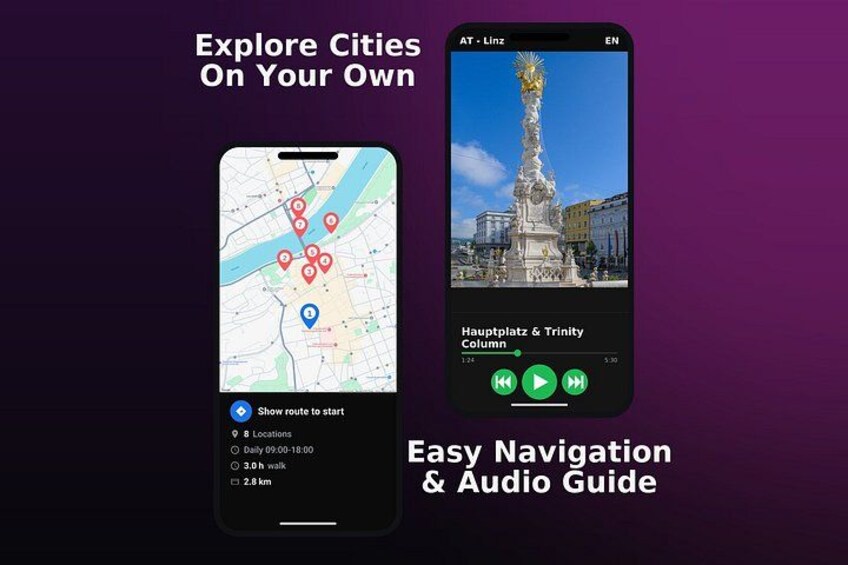 A smartphone displaying a map with location markers and an audio guide for Hauptplatz & Trinity Column. 2
