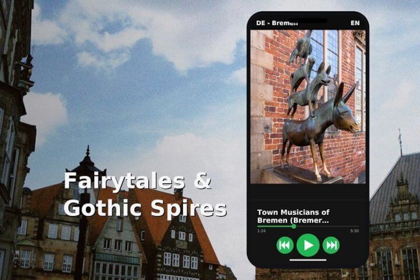 A smartphone displaying a music app with a statue of a donkey. 1