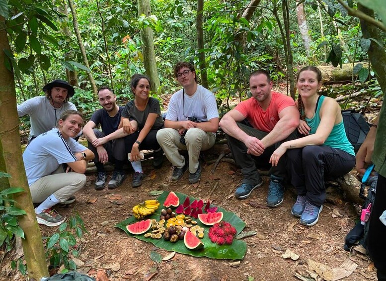 A group of people sitting in a forest with a variety of fruits and nuts on a banana leaf. 5