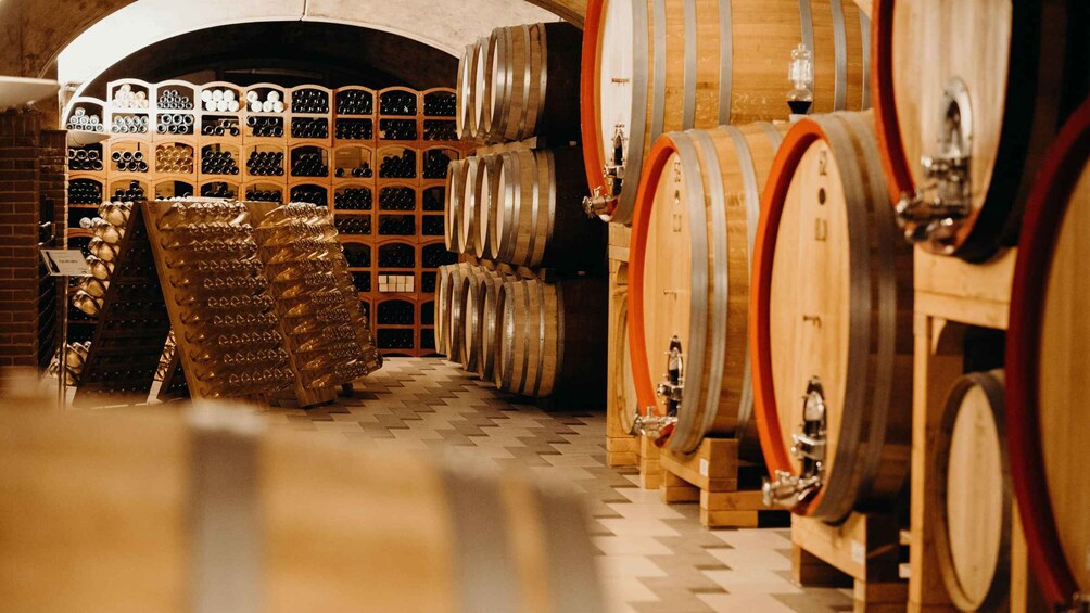 A wine cellar with wooden barrels and racks of wine bottles. 1