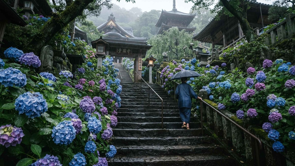 A person walking up a stone staircase surrounded by vibrant hydrangea flowers, leading to a traditional Japanese temple. 2