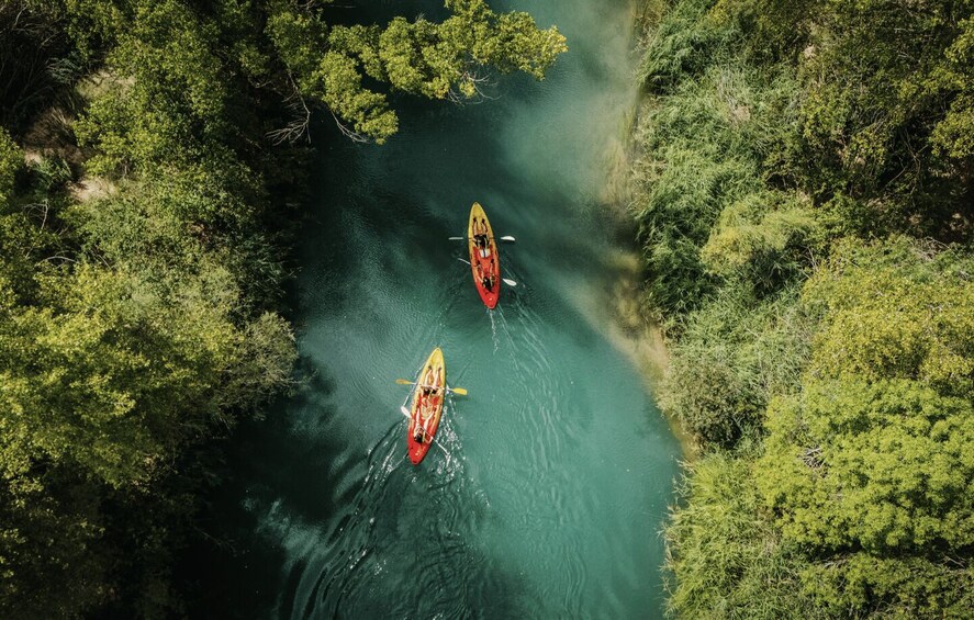 Two kayaks on a river surrounded by dense greenery. 2