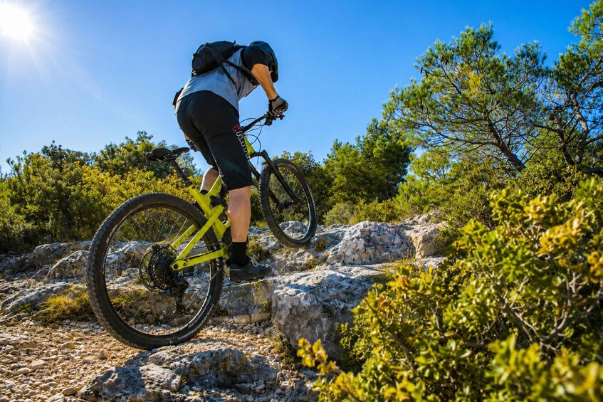 A person riding a mountain bike on rocky terrain with trees in the background. 3