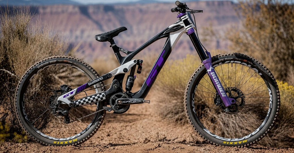 A mountain bike with a black and purple frame, a rear rack, and a front suspension fork, parked on a dirt trail with a canyon in the background. 2