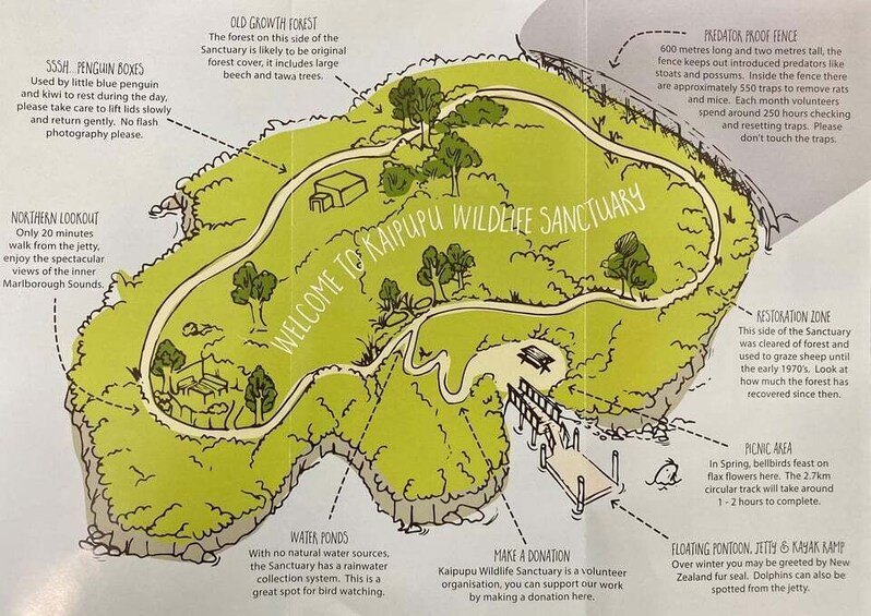 A map of the Kaipupu Wildlife Sanctuary with features like predator-proof fence, water ponds, and a picnic area. 1