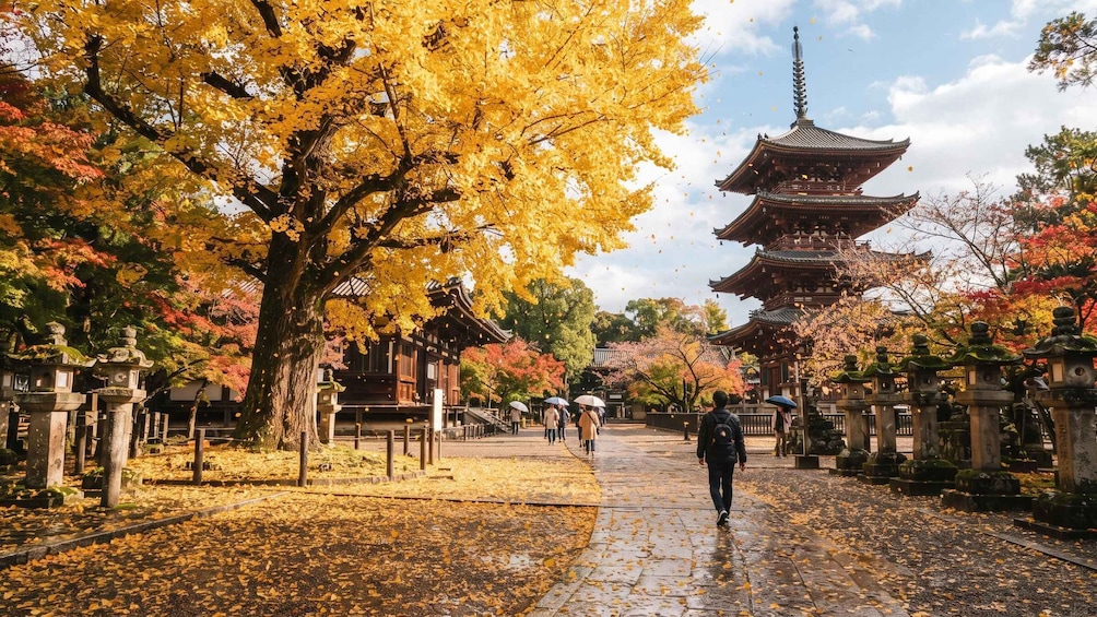 A traditional Japanese temple with a multi-tiered pagoda, surrounded by autumn trees and stone lanterns. 3