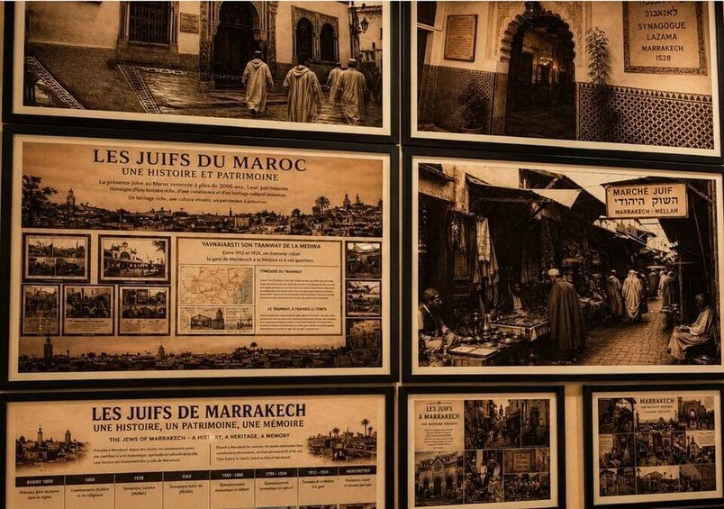 A collection of historical photographs and text panels about Jewish history in Morocco. 1