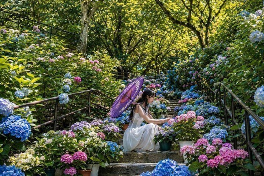 Una persona sentada en una escalera rodeada de flores de colores. 2