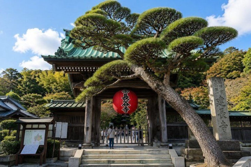 Un torii japonés tradicional con un farolillo rojo, rodeado de árboles cuidados y un cielo despejado. 3