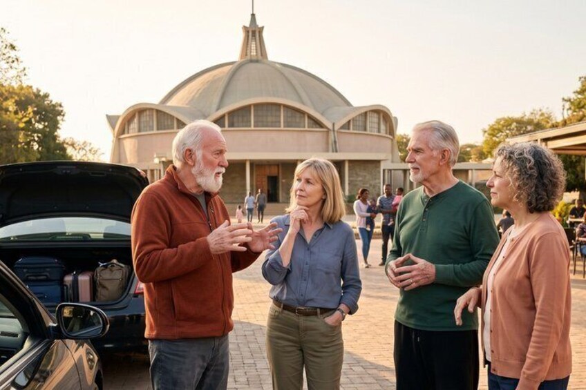 Four people standing in front of a car with an open trunk, a dome-shaped building in the background, and a paved area with people walking. 3