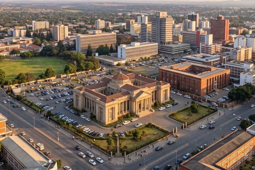 An aerial view of a city with a prominent building with classical architecture, surrounded by roads and other buildings. 4