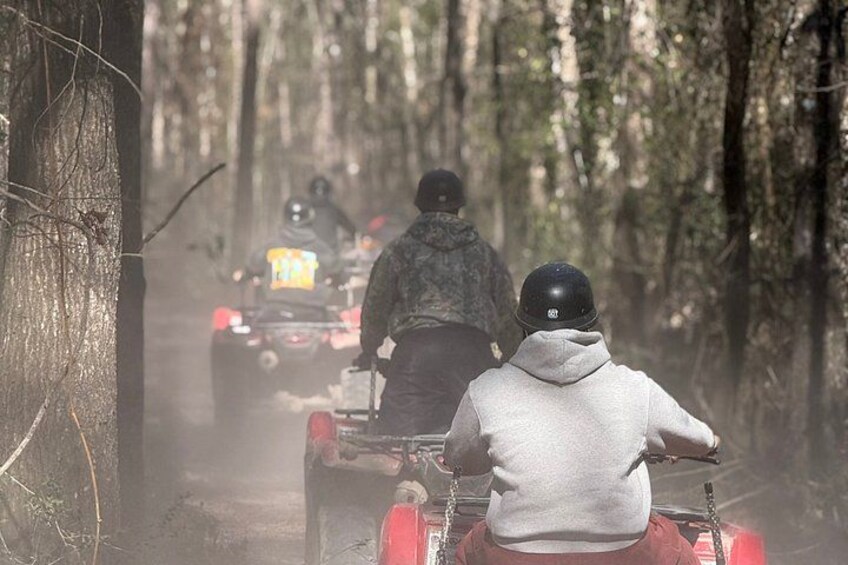 A forest path with people riding ATVs. 2