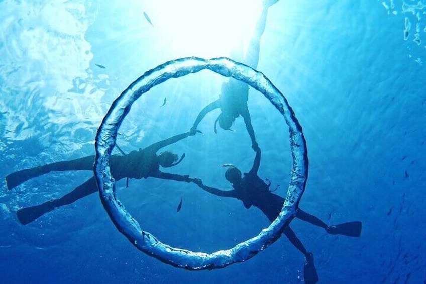 Two divers swimming inside a large circular ring. 1