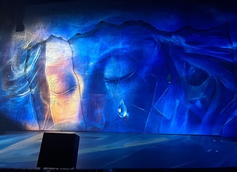 A digital art installation with abstract mountain and face designs. 1