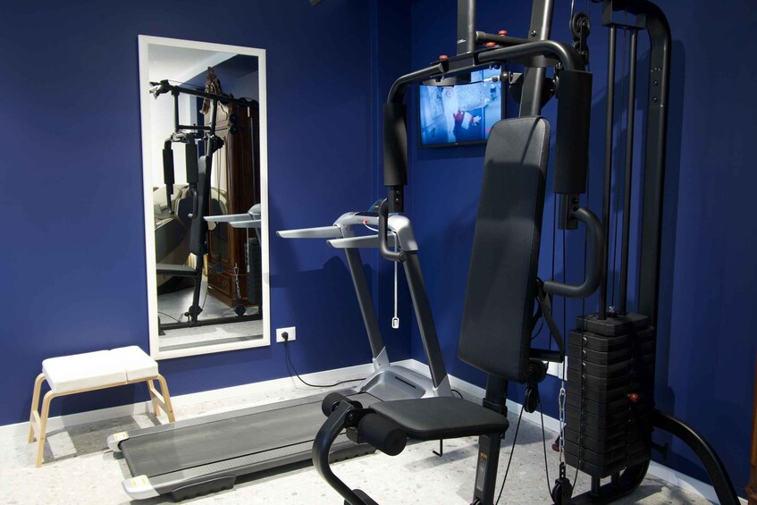 A home gym with a treadmill, weight machine, and a mirror. 3