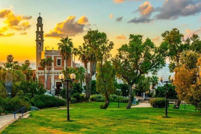 A historic building with a clock tower, surrounded by lush greenery and palm trees. 1