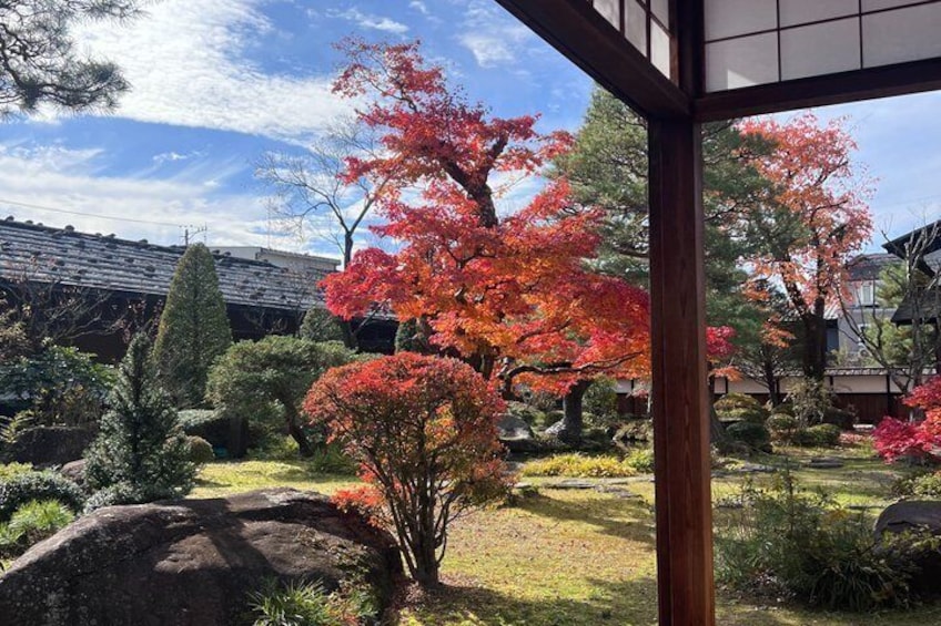 A garden with red foliage trees, a stone path, and traditional Japanese architecture. 3