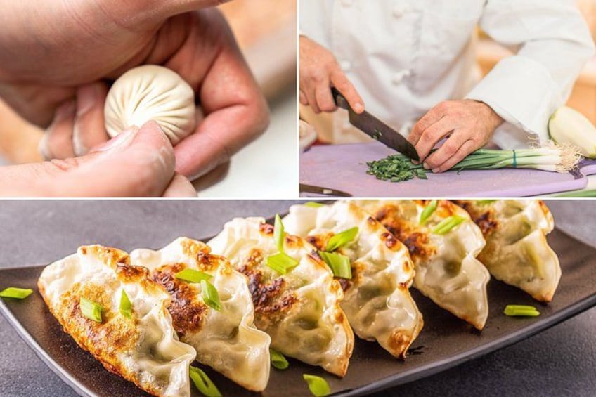 A person preparing dumplings, with a focus on the hands and the dumpling dough. 1