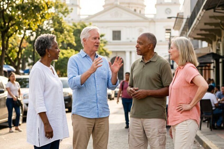 Four people conversing on a street with buildings and pedestrians in the background. 1