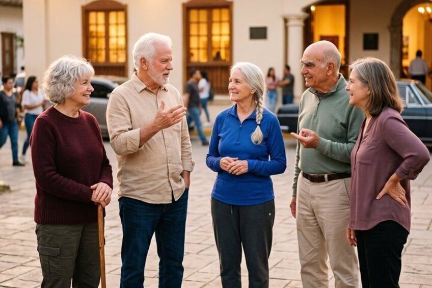 A group of people standing on a paved area with buildings in the background. 5