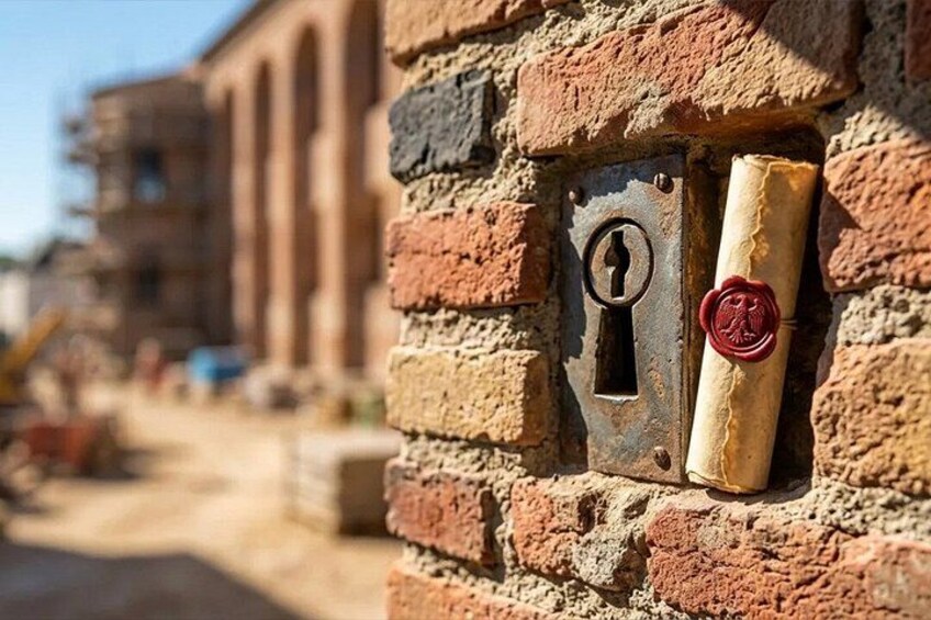 A brick wall with a metal lock and a rolled-up parchment. 3
