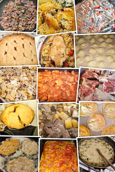 A collage of various food dishes including a pie, a baked dish with vegetables, and a meat dish. 3