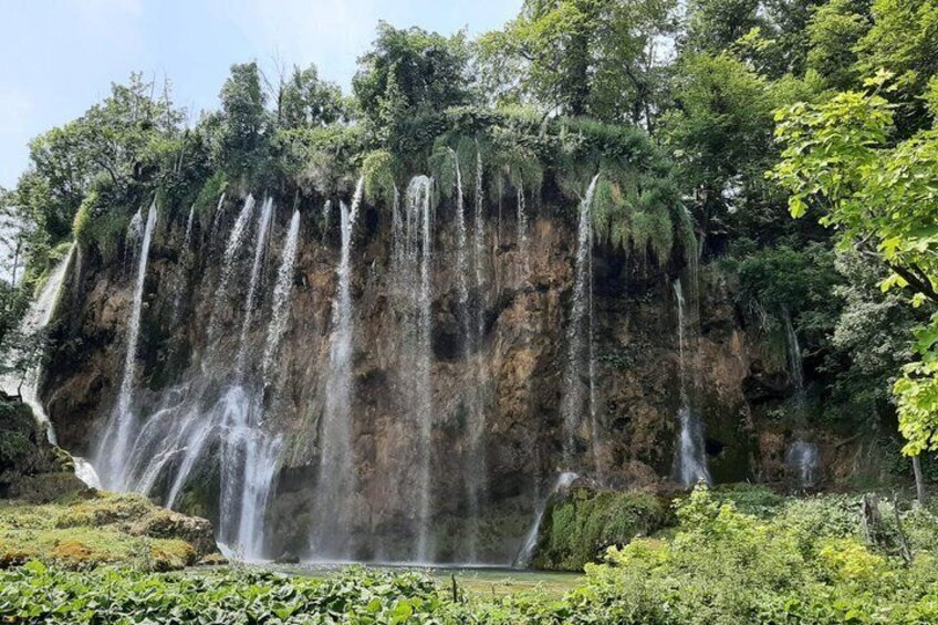 A waterfall cascading down a rocky cliff surrounded by lush greenery. 5