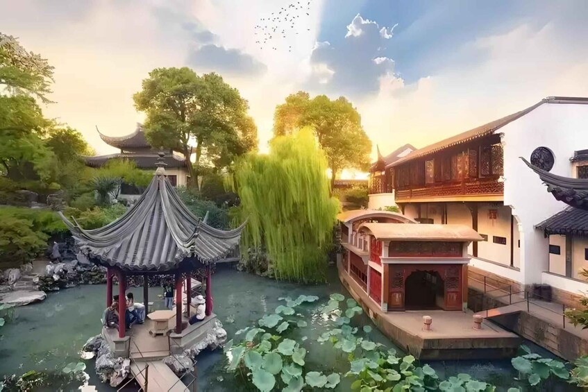 A traditional Chinese garden with a pavilion, lotus pond, and classical architecture. 1