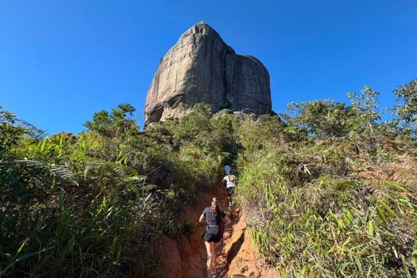 A person hiking up a steep, rocky hill with dense vegetation on either side. 4