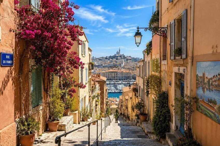 A narrow street with buildings, bougainvillea, and a distant cityscape. 4