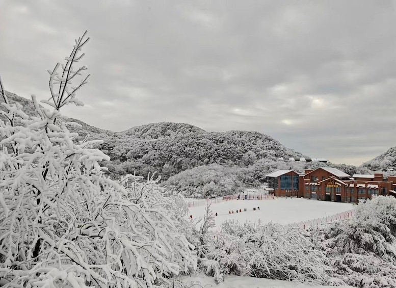 A snow-covered landscape with a ski resort and a building with a glass facade. 5