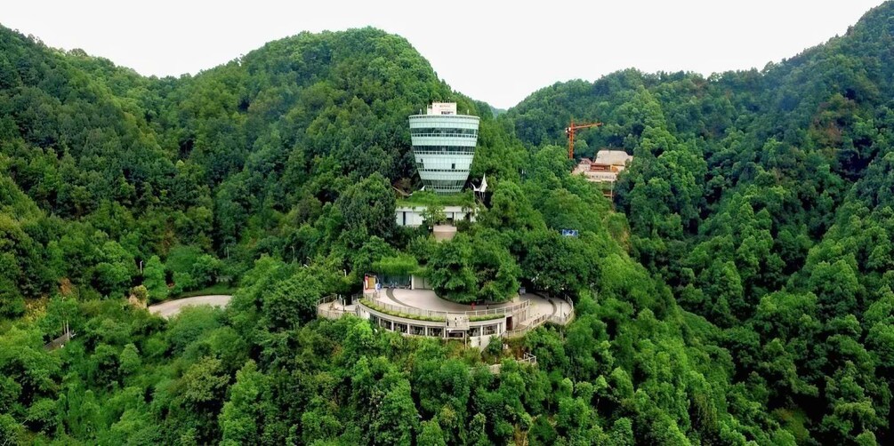 A modern building surrounded by dense forest, with a winding road leading to it. 2