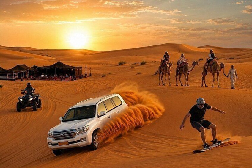 A desert landscape with sand dunes, a white SUV, a person snowboarding, and camels. 1
