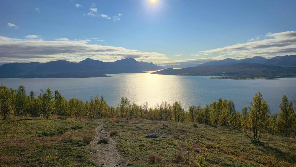 A lake surrounded by mountains, a clear sky, and a path leading to the water. 1