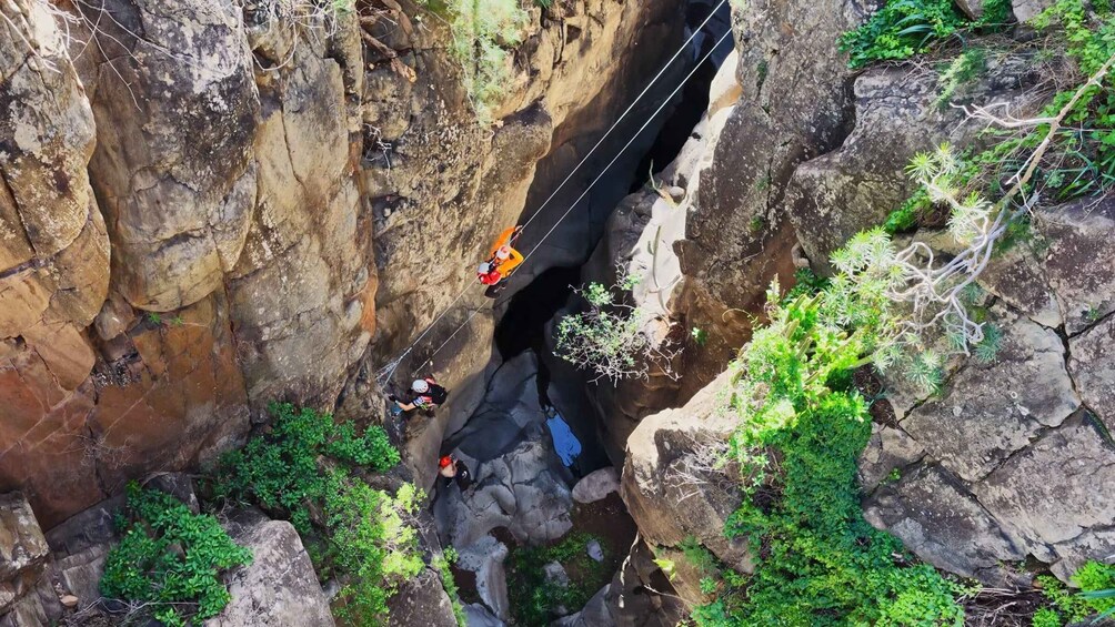 A canyon with a rope bridge and people rappelling down. 2