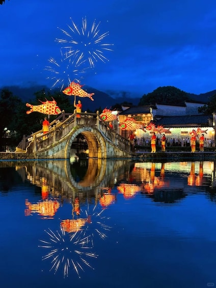 A traditional bridge with dragon-shaped lanterns, fireworks, and a reflection in the water. 4