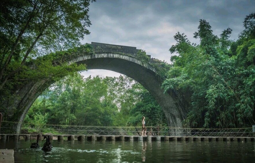 A stone bridge over water, surrounded by dense green foliage. 3