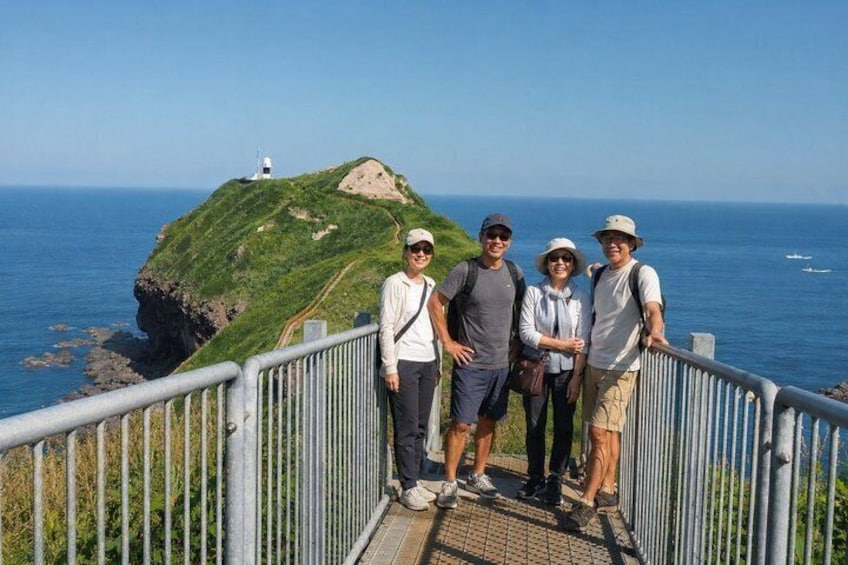 A group of people standing on a metal walkway overlooking a coastal landscape with a lighthouse on a grassy hill. 1